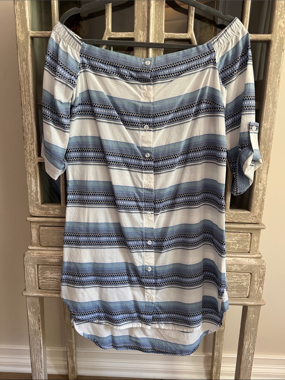 Chelsea & Violet Blue and White Striped Off-Shoulder Mini Dress